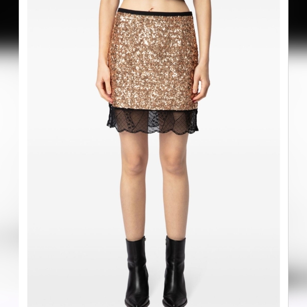 Zadig & Voltaire Justicias Gold Sequin Lace Skirt Size 34